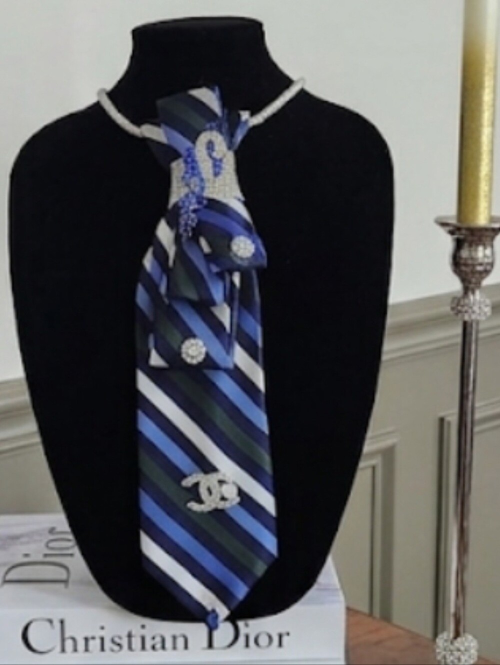 Blue Crystal Teardrop Statement Tie - Elegant Silver Accent